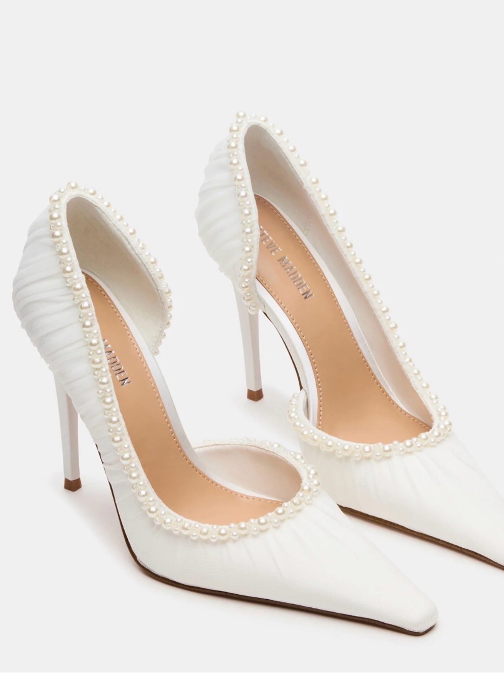 Steve Madden “Elegant-P”White Pearl-Trim Pointed Toe Stilettos